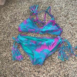 Purple and Green Tropical Two Piece Bikini